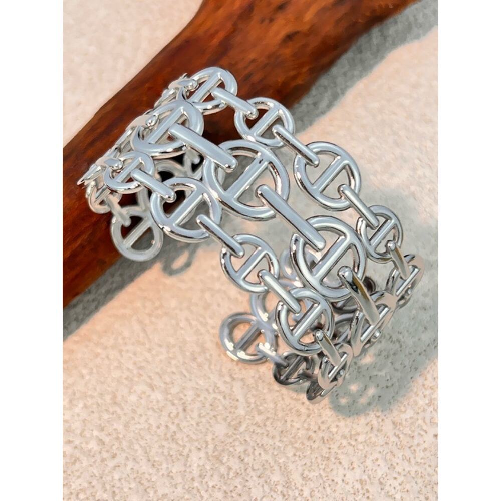 Silver Mariner Pignose Link Chain Open Cuff Bangle Ring Bracelet Set - Picture 3 of 8